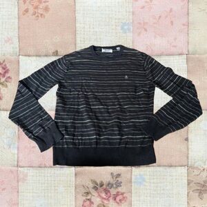 Army Green Horizontal Striped Grandpa Crewneck Sweater